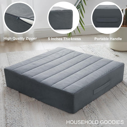 JKMAX 2 Pcs High Density Foam Floor Pillow - Upgraded Large Pillows Seating for Adults - Outdoor Floor Cushion with Soft Tufted Cover - Yoga Pillows for Sitting On Floor - 22 Inch Light Gray