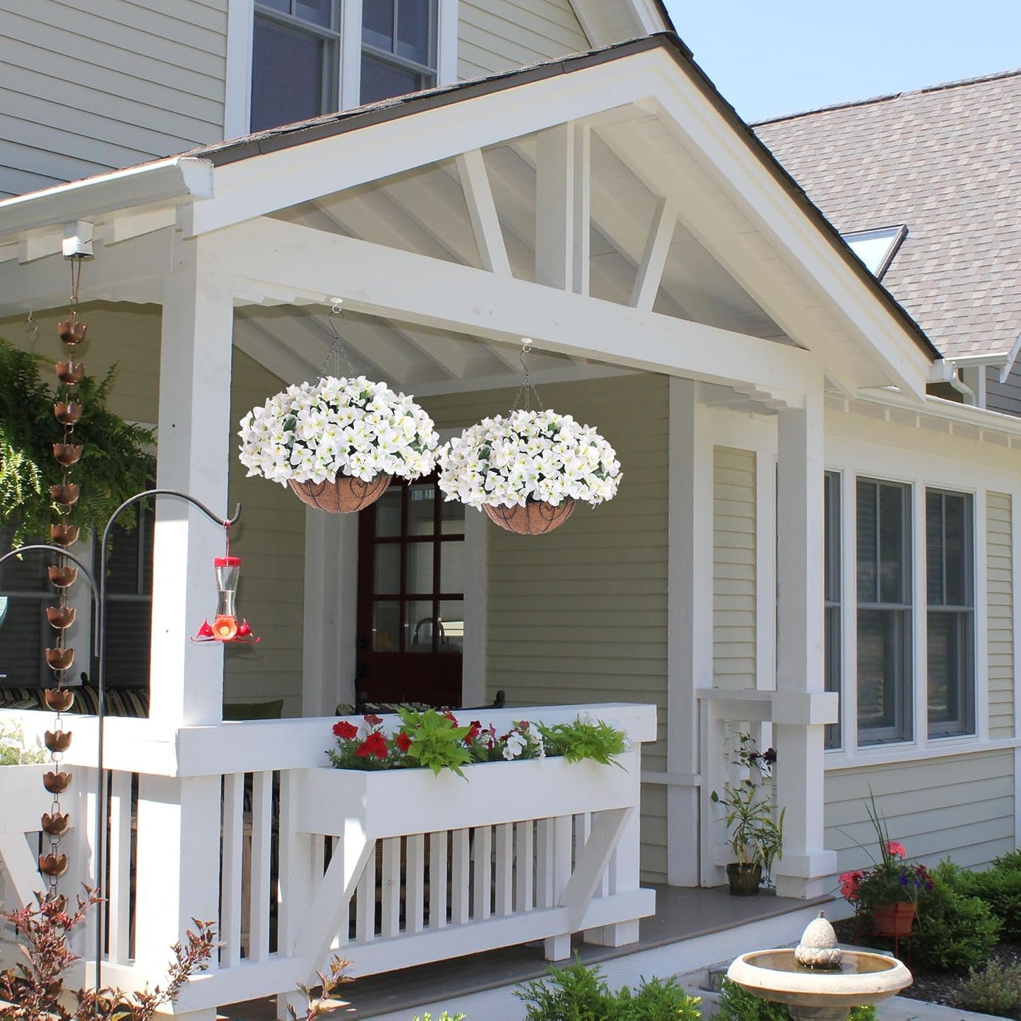 Artificial Hanging Flowers Faux Plants Basket for Outdoors Spring Summer Decor, Fake Silk Bougainvillea in Planter Outdoor Look Real UV Resistant Faux Flower for Outside Porch Patio Garden Home, White