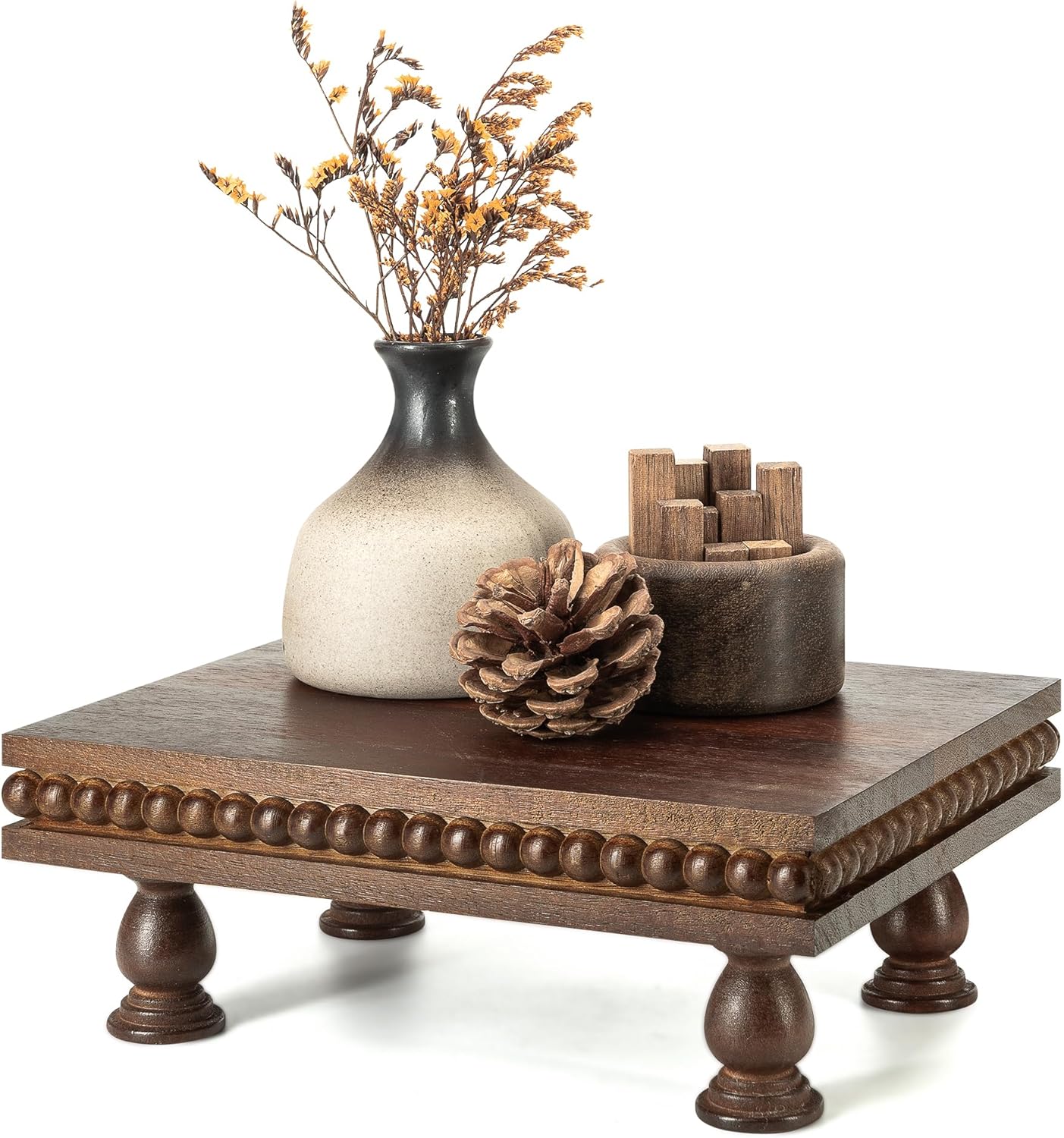 EOSAHR Pine Wood Display Riser – Boho Pedestal Stand for Home Decor, Showcasing Apartment Essentials, Perfume Tray or Coffee Table Accents – Modern Farmhouse Decor(Old Black)