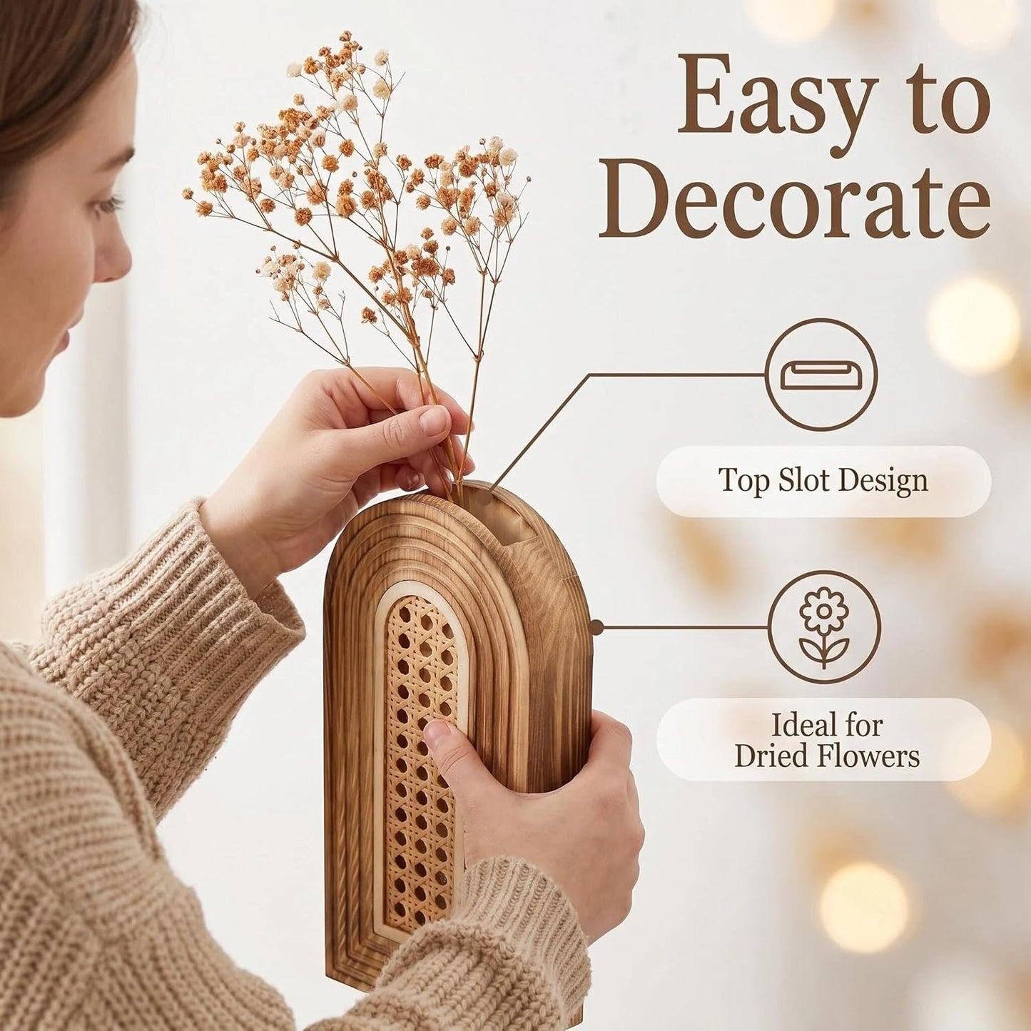 Dnnnii 2 Pack Wooden Wall Vase Set - Brown Finish Modern Farmhouse & Boho Wall Decor for Entryway, Hallway, Bathroom, Living Room, Dining Room, Narrow Spaces