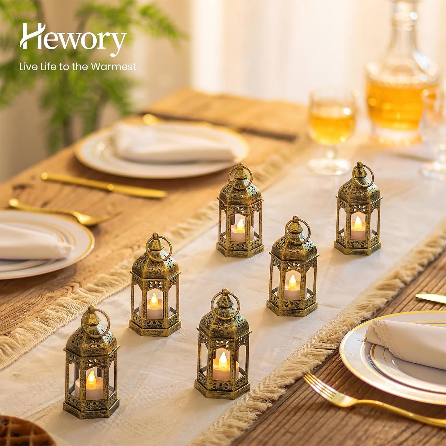 Hewory Mini Lanterns with Remote Control: Set of 10 Gold Decorative Lanterns for Centerpeces - Holiday Party Decoration for Wedding, Ramadan, Diwali, Halloween, Christmas