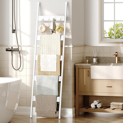 HOOBRO Blanket Ladder, 5-Tier Towel Rack with Hooks, Wall-Leaning Blanket Rack, Decorative Display Ladder Shelf, for Scarves, Industrial, Living Room, Bedroom, Rustic Brown and Black BF52CJ01
