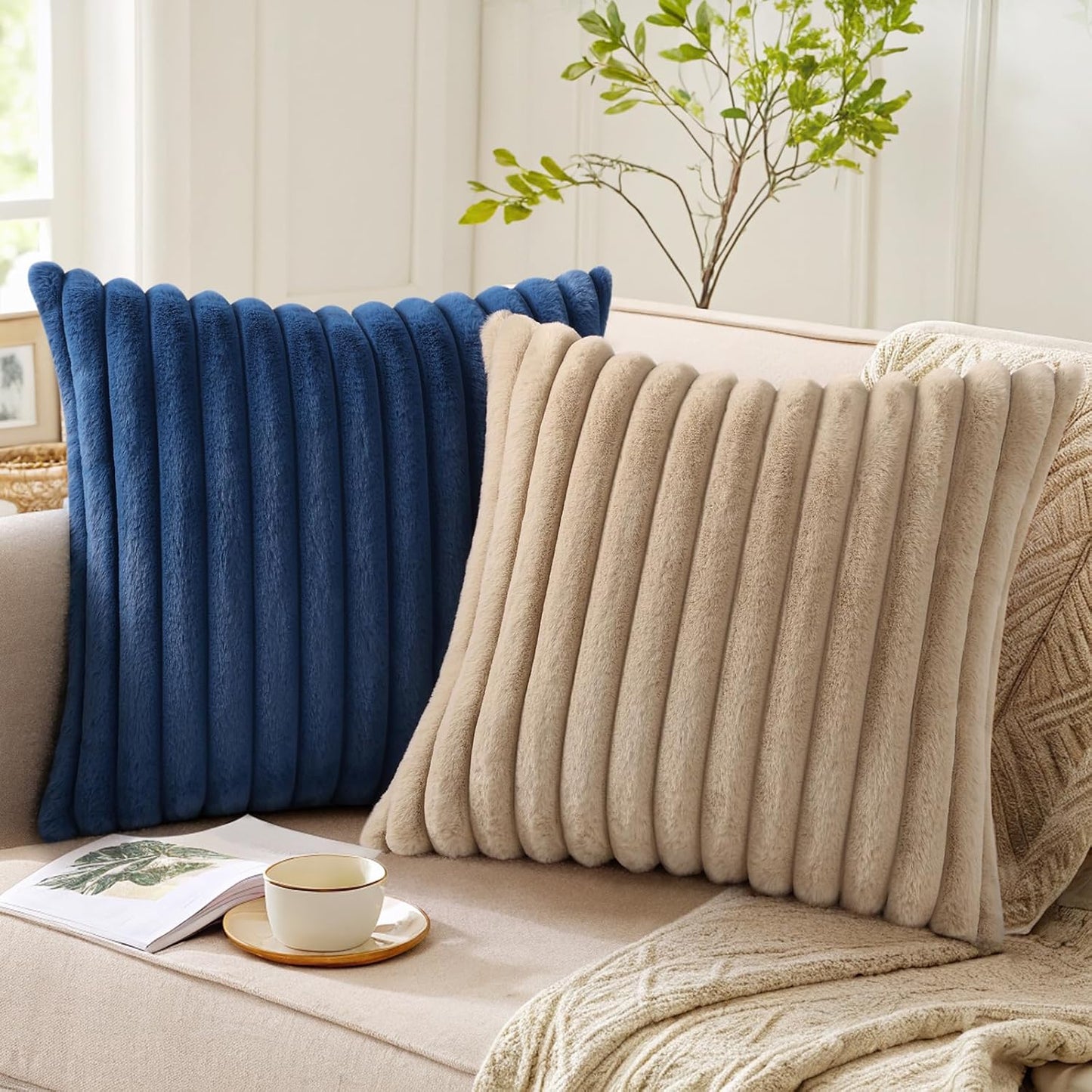 Pallene Faux Fur Plush Throw Pillow Covers 18x18 Set of 2, Luxury Soft Fluffy Striped Decorative Pillow Covers for Sofa, Couch, Living Room, Cream White