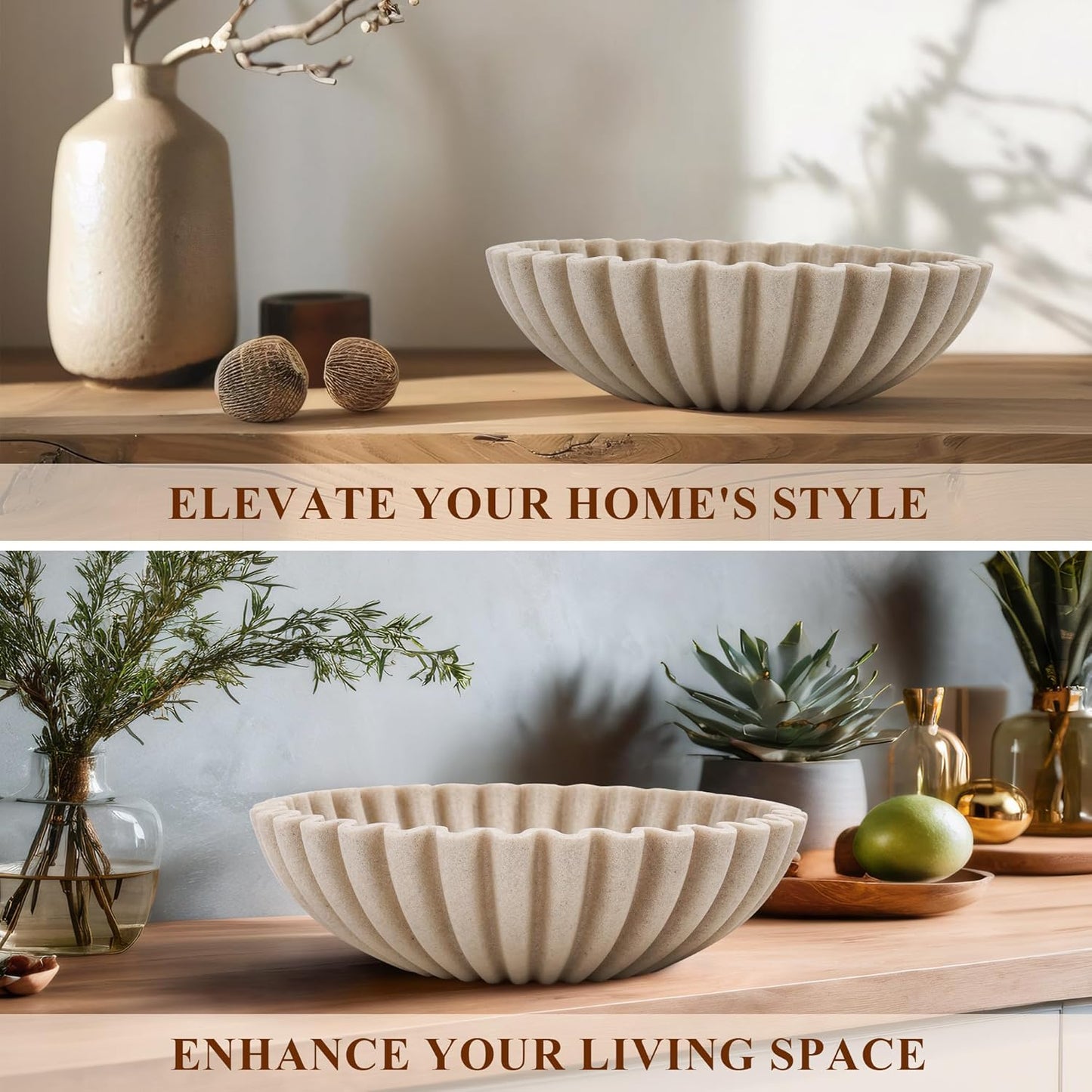 YMXYJM Large Decorative Bowl, Modern Handicraft Bowls for Home Decor, Fruit Bowl for Kitchen Counter, Ruffle Decor, Stylish Key Bowl for Entry Table, Artificial Stone Beige