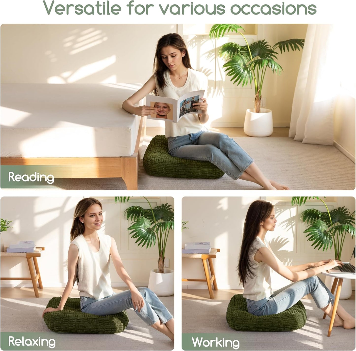 HIGOGOGO Floor Pillow Cushion for Adults, Meditation Cushion Pillow, Blended Corduroy Cover, Large Square Floor Sitting for Tatami Living Room or Yoga, 22x22 Inch, Beige