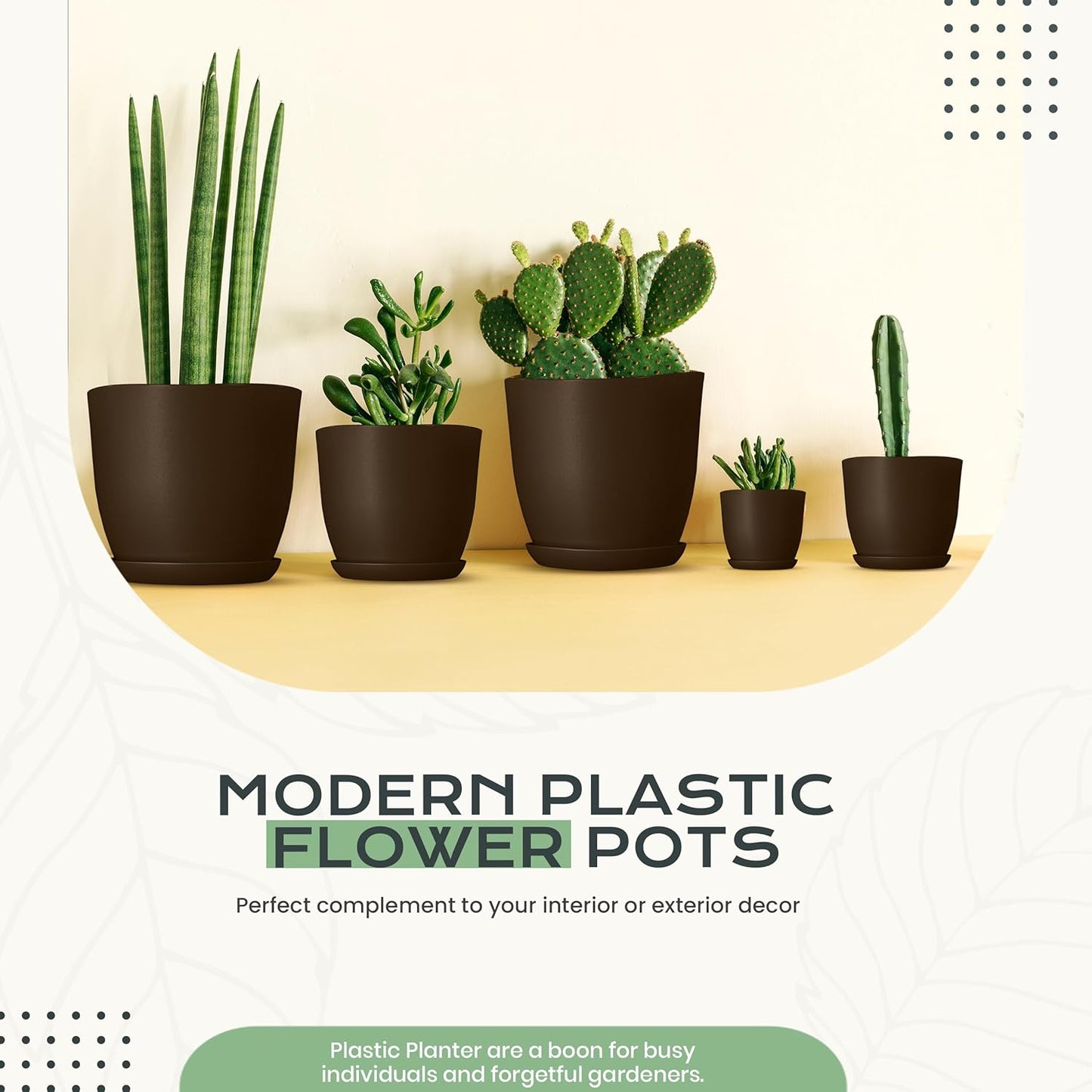 Utopia Home Plant Pots Indoor with Drainage Holes – Set of 5 White Plastic Flower Pots (7/6.6/6/5.3/4.8 Inch) – Modern Planters for Indoor Plants, Room & Office Décor, Great Stocking Stuffers