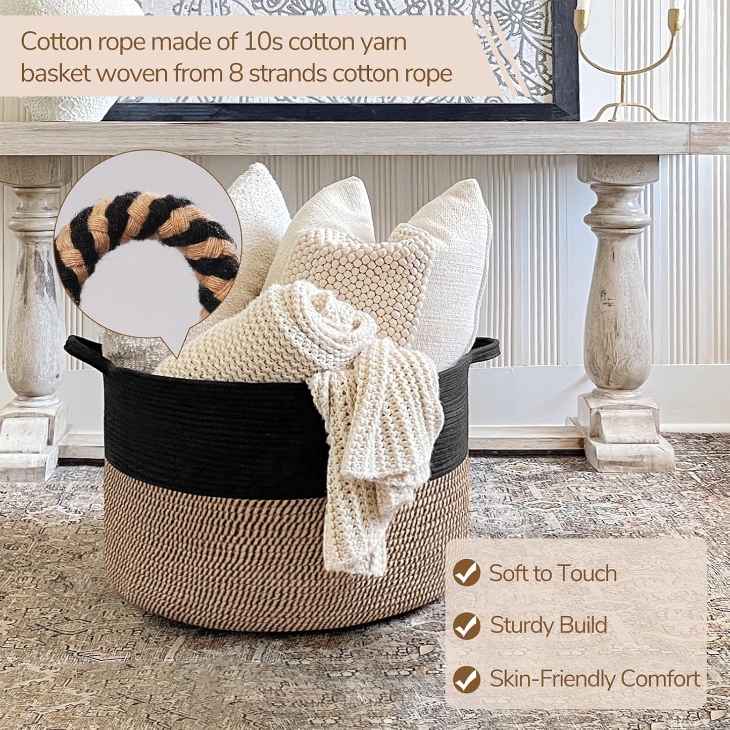 INDRESSME XXXLarge Blanket Basket for Living Room 21.7" x 21.7" x 13.8"-Storage Basket with Handle for Organizing Toy Pillows Woven Cotton Rope Laundry Basket Stuffed Animal Toy Storage for Play Room
