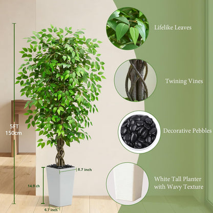 Artificial Ficus Tree 6FT Faux Plants Indoor Tall Fake Plants with White Planter, Green Lifelike Lush Fake Ficus Tree for Home Living Room Bedroom Outdoor Balcony House Office Decor