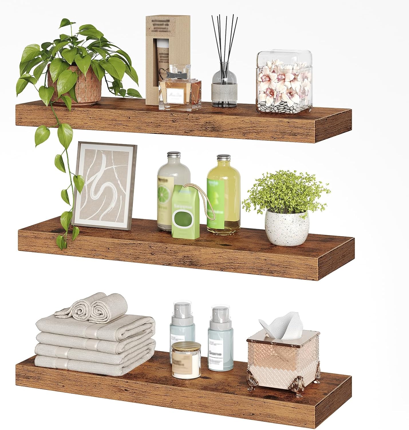 RALGEND Floating Shelves for Wall, 1.5" Thick Wall Shelf Set of 3 with Invisible Brackets, L31.5 x W7.9 Hanging Shelves Farmhouse Home Decor for Bathroom, Living Room, Bedroom, Rustic Brown 8301BJP3BF