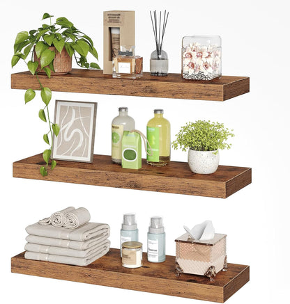 RALGEND Floating Shelves for Wall, 1.5" Thick Wall Shelf Set of 3 with Invisible Brackets, L31.5 x W7.9 Hanging Shelves Farmhouse Home Decor for Bathroom, Living Room, Bedroom, Rustic Brown 8301BJP3BF