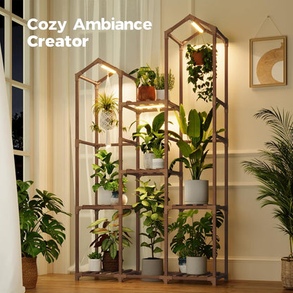 Bamworld Plant Stand Indoor with Grow Lights Wood Plant Shelf for Hanging Planter Pots Display Flower Stand for Living Room Patio Garden Decor