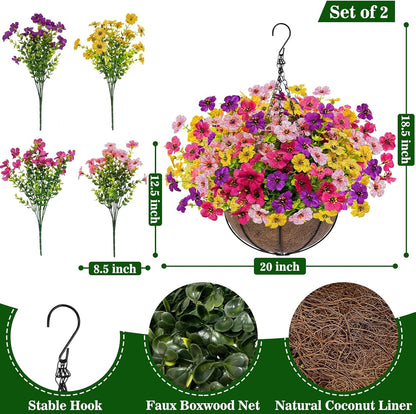 2 Sets Artificial Hanging Plants Flowers Basket Outdoor, Fake Hanging Plants 24 Pcs Flowers for Porch Patio Garden Home Decor for Mothers Day Memorial Day Spring Summer (Red, Purple, Yellow, Rose Red)