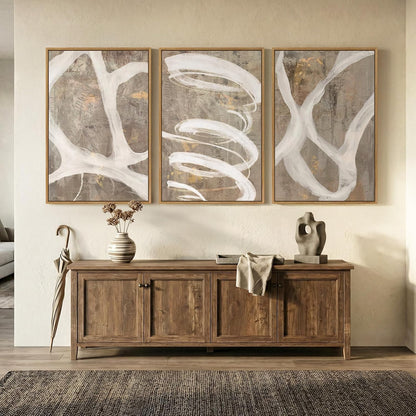 Large Framed Neutral Abstract Wall Art for Living Room, 3 Piece Modern Canvas Prints Paintings Artwork for Walls, Black and Beige Pictures for Living Room Hallway Stair Office Wall Decor 24x36 Inch