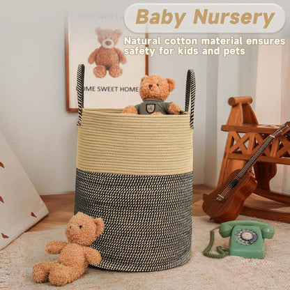 JMvicyroam Large Woven Laundry Basket Hamper,60L Cotton Rope Storage Bin for Blankets,Toys and Clothes,Decorative Tall Nursery Hamper for Living Room,Baby Nursery,Bathroom and Bedroom,Brown