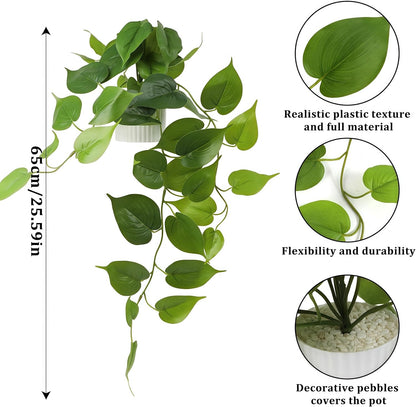 Artificial Pothos Hanging Plants 2 Pack with Pots, Realistic Fake Hanging Plants Indoor, Faux Greenery Vines for Shelf, Bathroom, Living Room, Office Decor