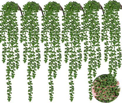 RECUTMS 6pcs Artificial Succulents Hanging Plants Fake Hanging String of Pearls Plant Faux Greenery Wall Plants for Spring Indoor Outdoor Home Bedroom Patio Garden Easter Decor