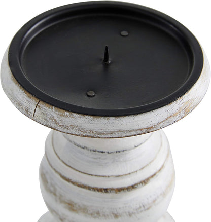 Deco 79 Mango Wood Decorative Candle Holder Distressed Turned Pillar Candle Stand, Set of 3 Candlestick Holder 6", 8", 10"H, Light Blue