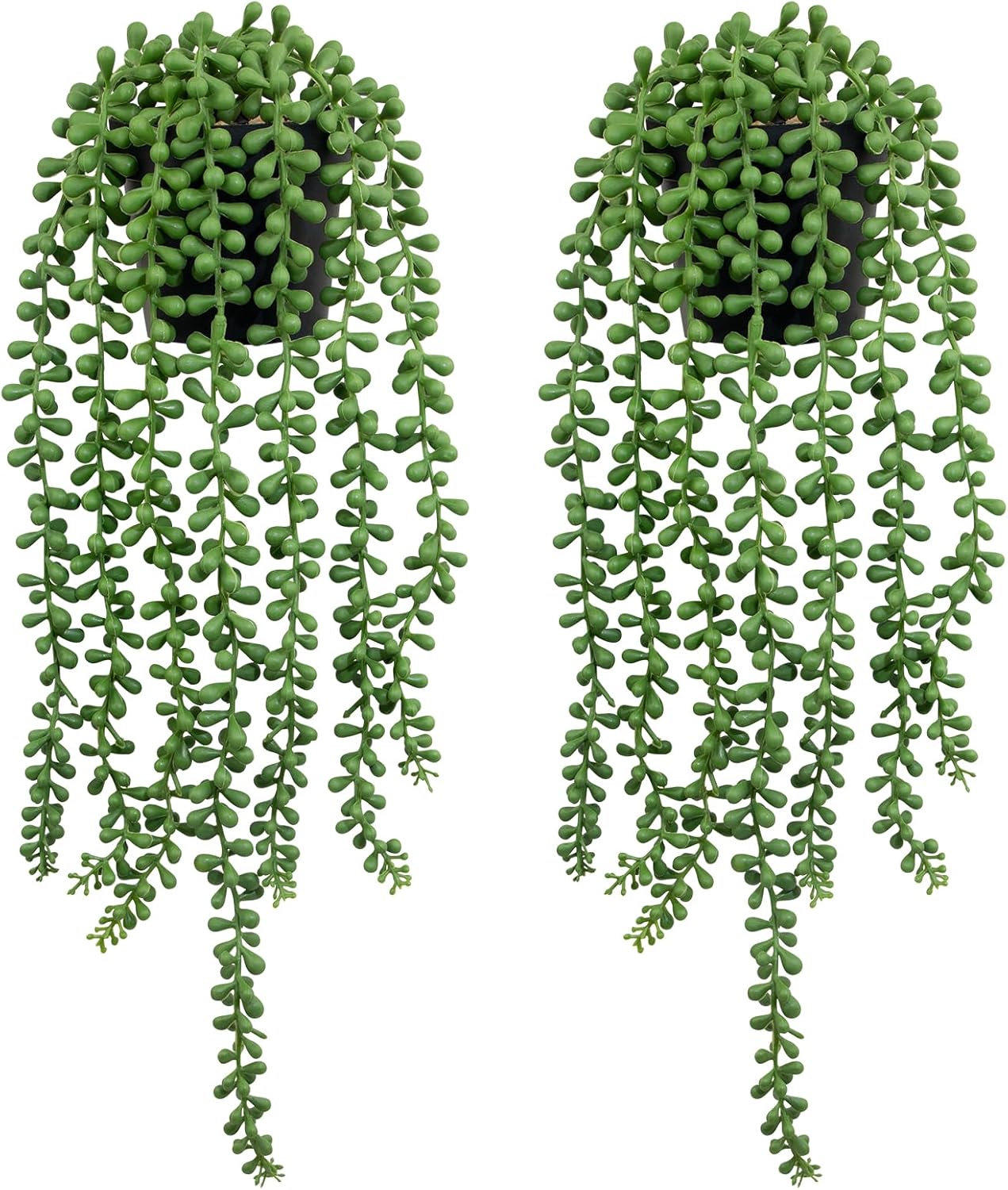 LOYWREE Fake Plants Indoor Artificial String of Pearls Plant in Black Pots, Realistic Green Faux Succulent Hanging Plants for Shelf Decor Desk Home Garden Decorations