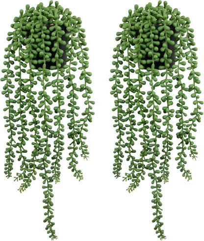 LOYWREE Fake Plants Indoor Artificial String of Pearls Plant in Black Pots, Realistic Green Faux Succulent Hanging Plants for Shelf Decor Desk Home Garden Decorations