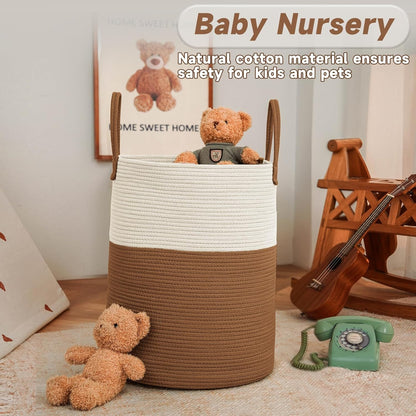 JMvicyroam Large Woven Laundry Basket Hamper,60L Cotton Rope Storage Bin for Blankets,Toys and Clothes,Decorative Tall Nursery Hamper for Living Room,Baby Nursery,Bathroom and Bedroom,Brown