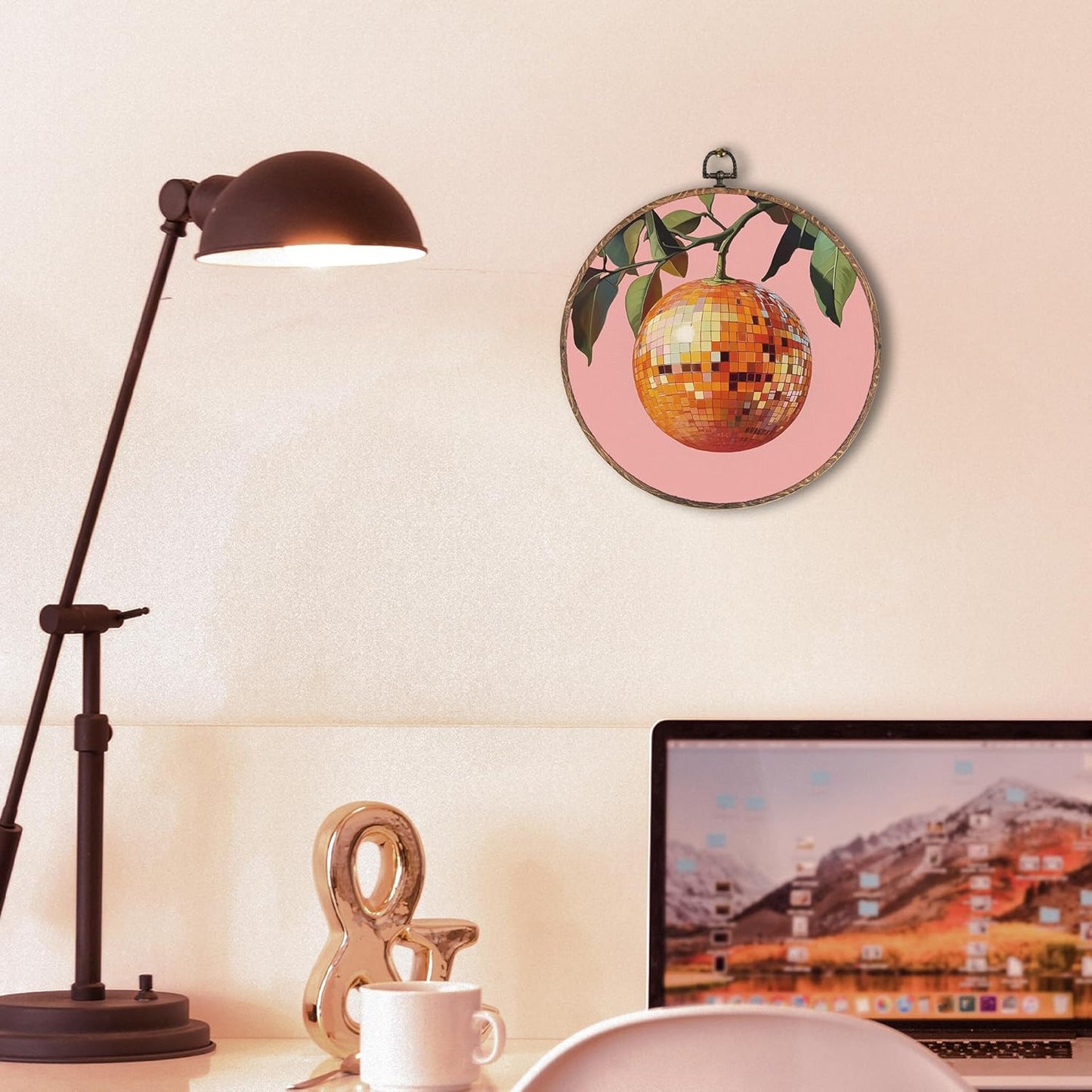 Trendy Funky Orange Disco Ball Oval Wall Art Framed, Funky Retro Oval Wall Decor, Trendy Aesthetic Hanging Canvas Prints Wall Sculptures for Home Living Room Bedroom Decor, 8.5x11.5 Inch