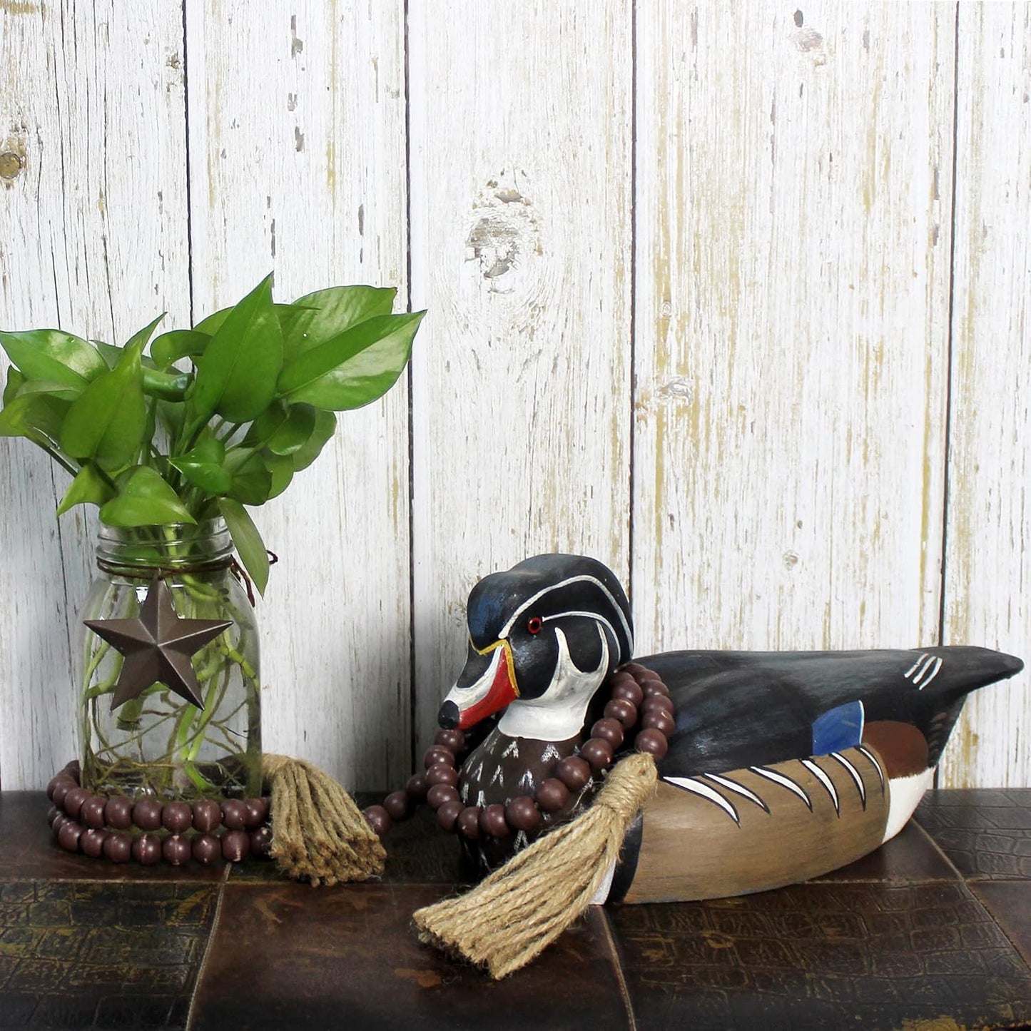 CVHOMEDECO. Wood Beads Garland with Tassels Farmhouse Rustic Wooden Prayer Bead String Wall Hanging Accent for Home Festival Decor. Mix Distressed