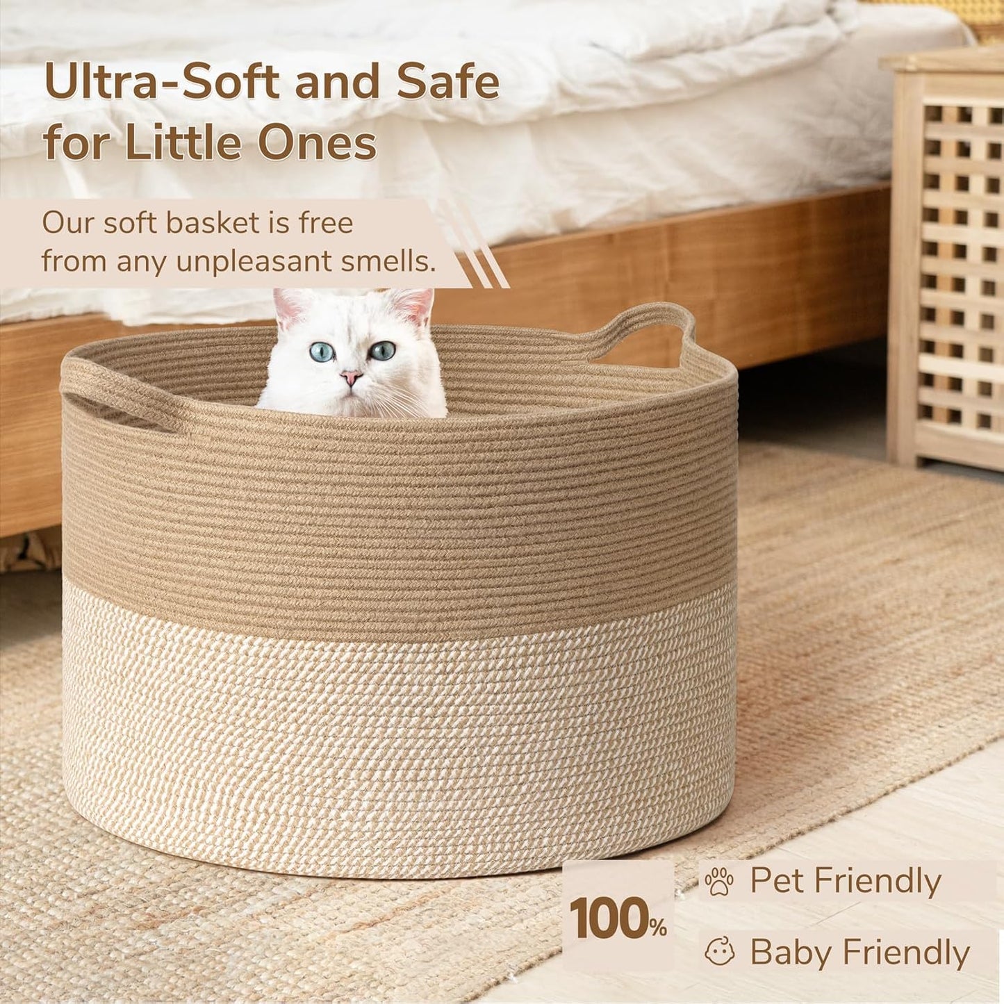 INDRESSME XXXLarge Blanket Basket for Living Room 21.7" x 21.7" x 13.8"-Storage Basket with Handle for Organizing Toy Pillows Woven Cotton Rope Laundry Basket Stuffed Animal Toy Storage for Play Room