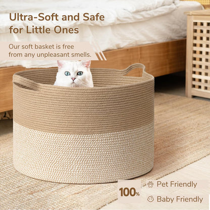 INDRESSME XXXLarge Blanket Basket for Living Room 21.7" x 21.7" x 13.8"-Storage Basket with Handle for Organizing Toy Pillows Woven Cotton Rope Laundry Basket Stuffed Animal Toy Storage for Play Room