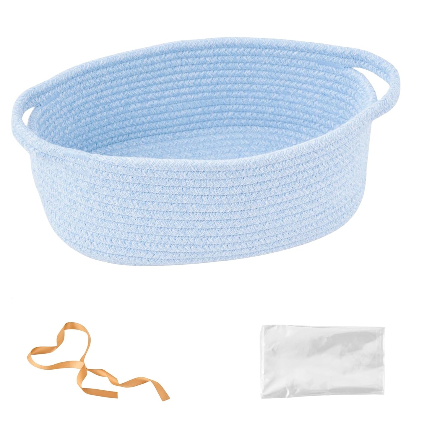 Small Woven Gift Basket Empty with Bag & Ribbon - Gifts for Mom, Baby Shower, Birthdays & Raffle - Cotton Rope Storage Basket for Dog Toys or Shelf - 12"x8"x5", White
