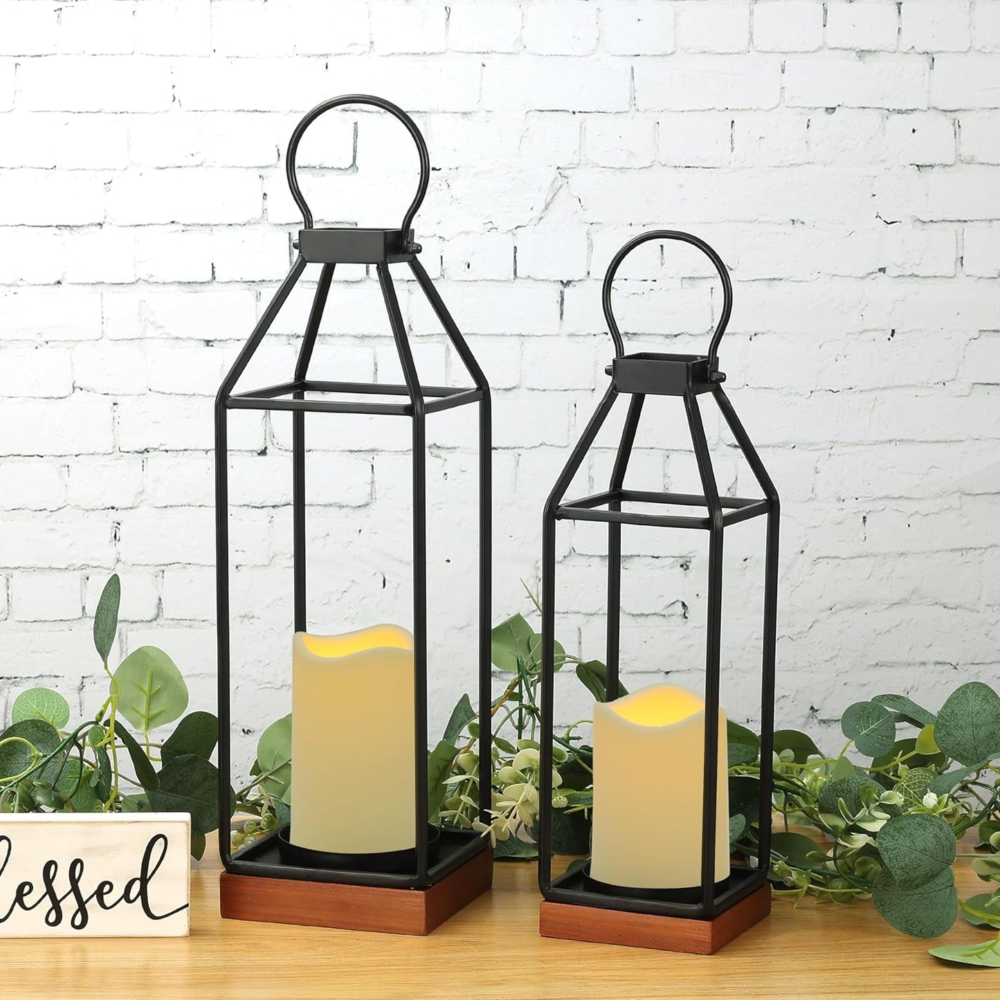 Perfnique Modern Farmhouse Lantern Decor, 15'' 13'' Set of 2 Black Metal Lantern, 2 LED 6hr Timer Flameless Candles ＆ Remote Timer, Lanterns Decorative for Outdoor, Home, Indoor, Patio, Christmas