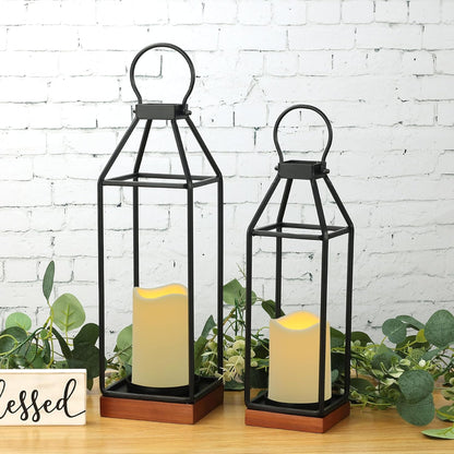 Perfnique Modern Farmhouse Lantern Decor, 15'' 13'' Set of 2 Black Metal Lantern, 2 LED 6hr Timer Flameless Candles ＆ Remote Timer, Lanterns Decorative for Outdoor, Home, Indoor, Patio, Christmas