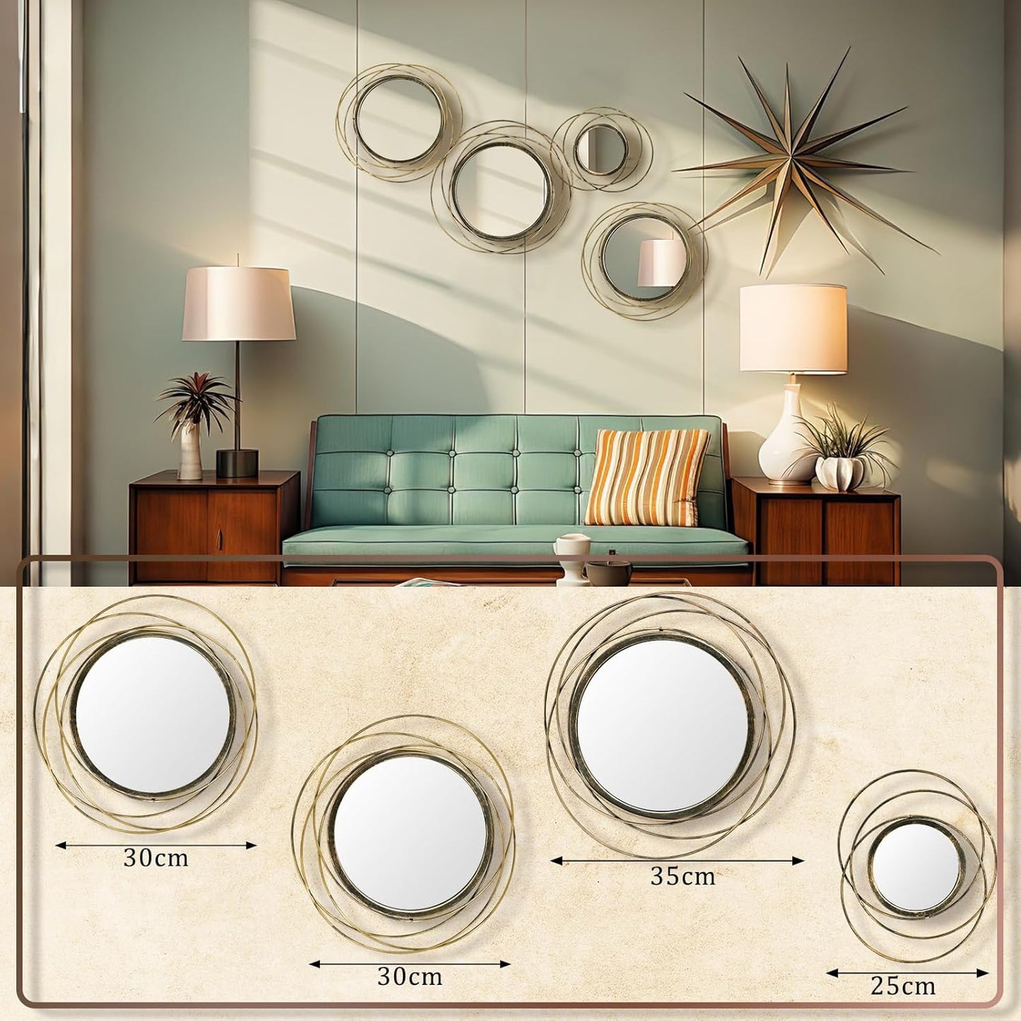 Hicarer 4 Pcs Decorative Wall Mirror Round Modern Circle Mounted Mirror Metal Wall Art Decor for Bedroom Living Room Entryway Dining Room Hallway(Gold)