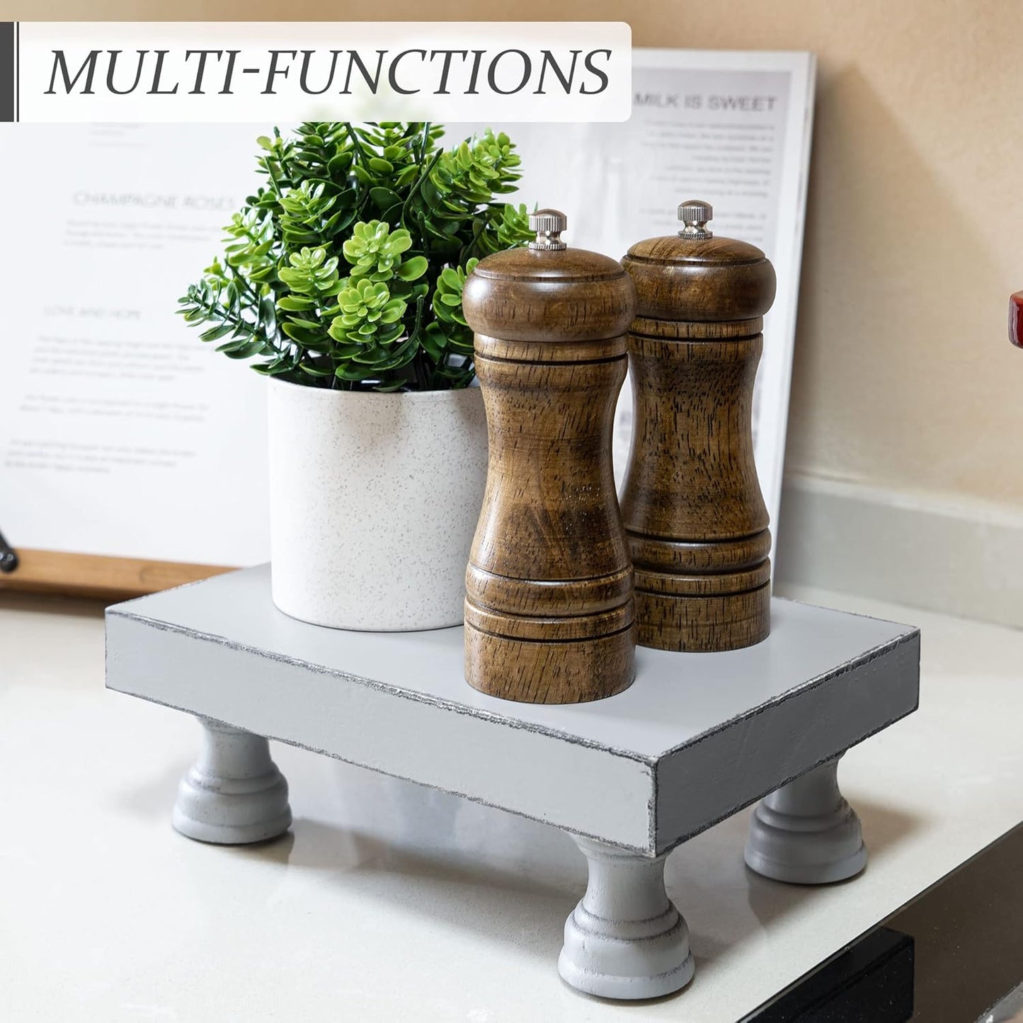 EOSAHR Farmhouse Riser for Room Decor : Decorative Pedestal Stand For Display Your Home Decorations and Uniquely Soap Stand - Rustic Bathroom Counter Tray and Kitchen Decor (Natural Wood)