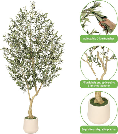 Realead 6ft Artificial Olive Tree with Tall Exquisite Planter - Realistic Faux Olive Tree with Thick Trunk and Lifelike Fruits - Large Fake Olive Tree for Home Office Decor