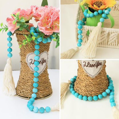 Gemstone Bead Garland with Tassel,31inch Farmhouse Rustic Country Table Decor Prayer Healing Beads Boho Wall Shelf Hanging Decoration (Turquoise Ball)