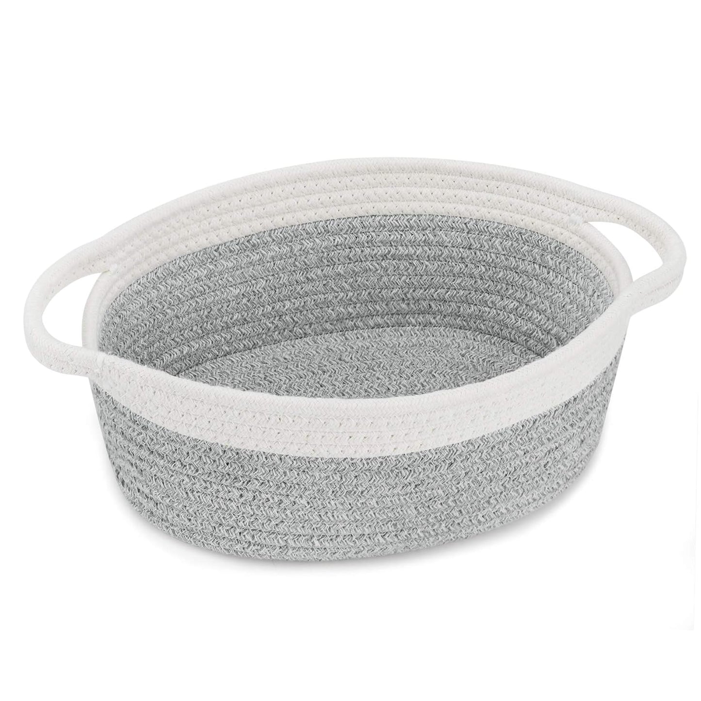 ABenkle Small Basket with Handles, Boho Decorative Rope Woven Dog Cat Toy Storage Bin Shelf Storage Organizer, Easter Christmas Gift Basket, 12"x8"x5", White