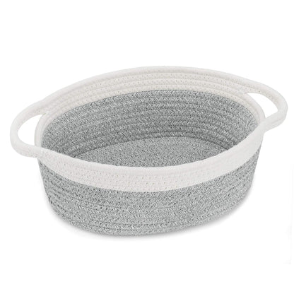 ABenkle Small Basket with Handles, Boho Decorative Rope Woven Dog Cat Toy Storage Bin Shelf Storage Organizer, Easter Christmas Gift Basket, 12"x8"x5", White