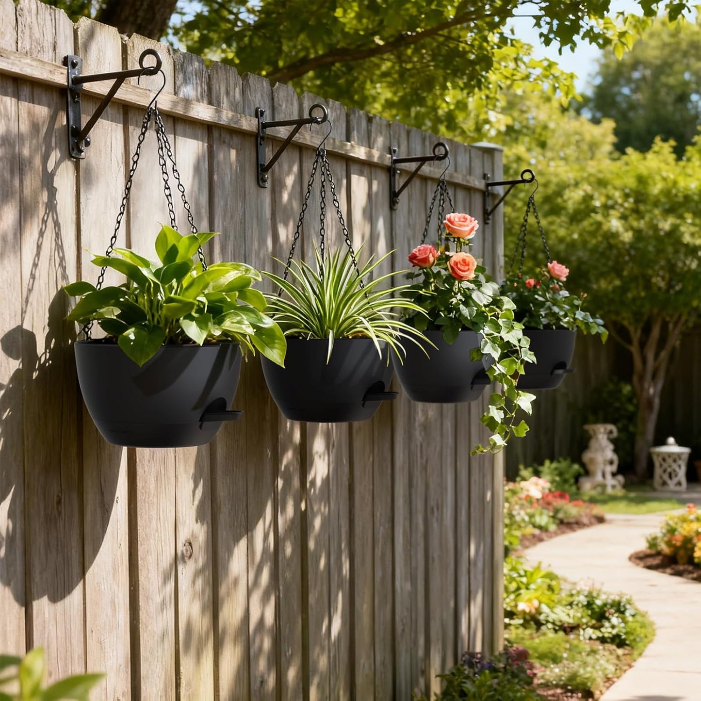 UOUZ Set of 3-10 Inch Self Watering Hanging Planters for Indoor Outdoor，Hanging Plant Pots with Drainage & Removable Tray, Hanging Pots Holder for Ivy, Pothos, Ferns, Balcony & Patio, Black with Brown