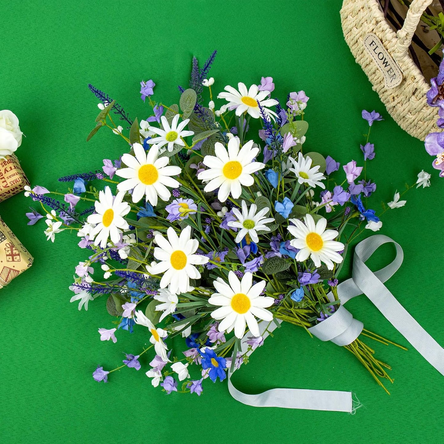 12 PCs Artificial Spring Summer Flowers Rustic Blue and White Artificial Flowers Wildflower Floral Stems with Daffodils Daisy Flower Picks for Vase Table Centerpieces Summer Spring Decor
