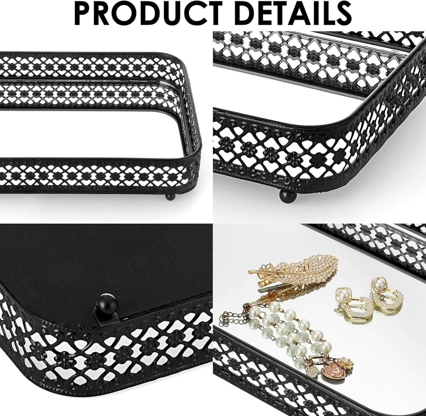 ELLDOO Perfume & Makeup Vanity Tray - Hollow-Carved Jewelry Storage, Glass & Metal Trinket Organizer for Dresser & Bathroom Countertop, Gold, Medium Size
