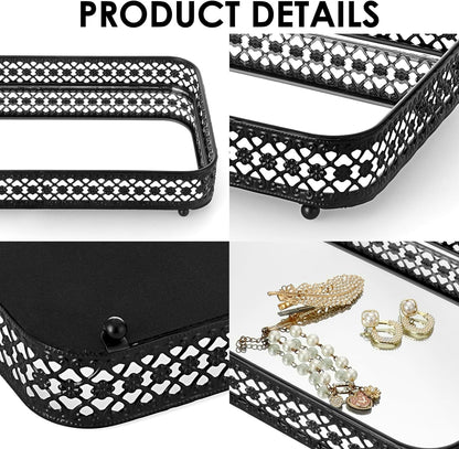 ELLDOO Perfume & Makeup Vanity Tray - Hollow-Carved Jewelry Storage, Glass & Metal Trinket Organizer for Dresser & Bathroom Countertop, Gold, Medium Size