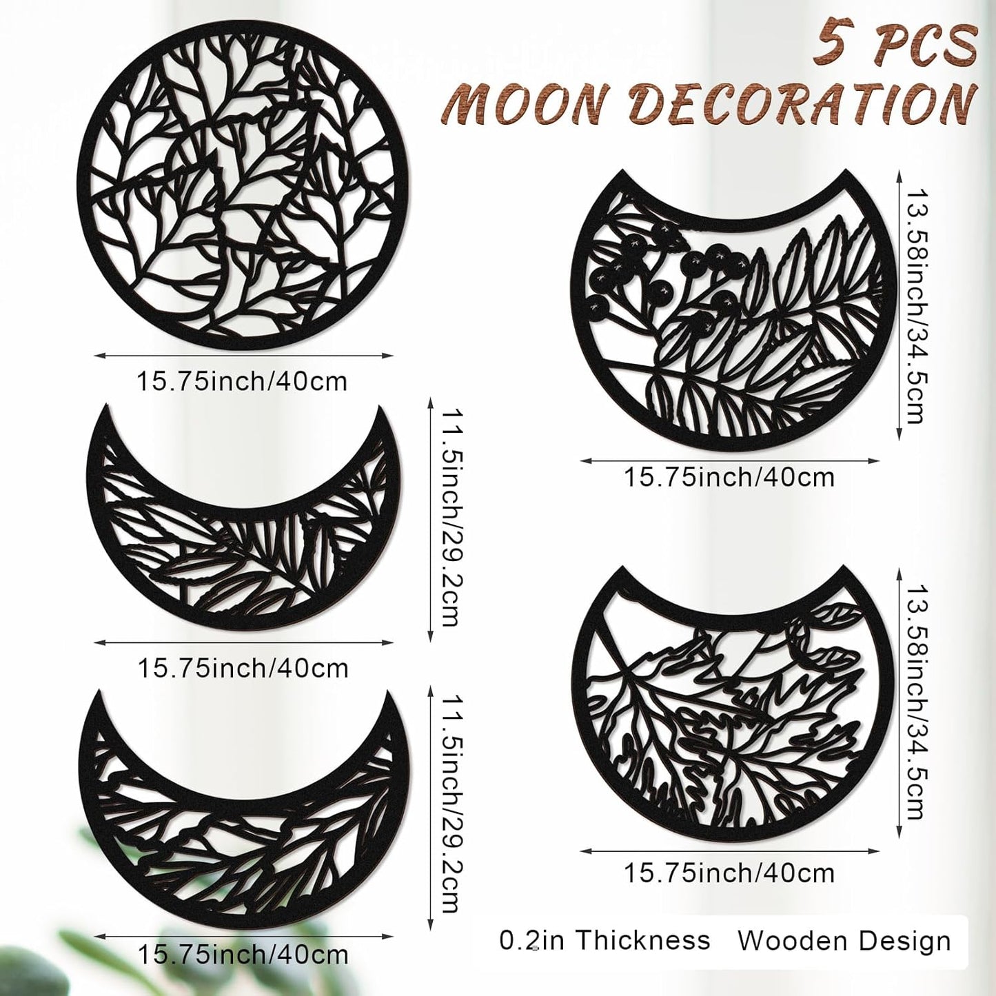 Jetec 5 Pcs Moon Phase Wall Art Decor Wall Pediments Hanging Wooden Phase Spiritual Bedroom Nordic Boho Lunar Aesthetic Art for Living Room Dorm Apartment Ornament(Brown,10.6 Inch,Botanical)