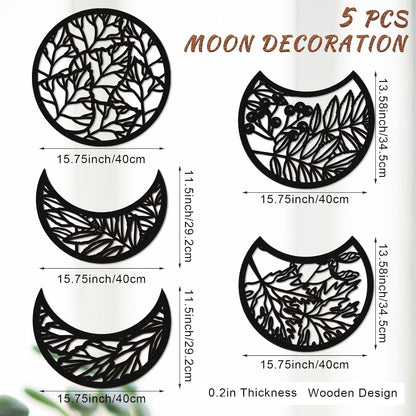 Jetec 5 Pcs Moon Phase Wall Art Decor Wall Pediments Hanging Wooden Phase Spiritual Bedroom Nordic Boho Lunar Aesthetic Art for Living Room Dorm Apartment Ornament(Brown,10.6 Inch,Botanical)