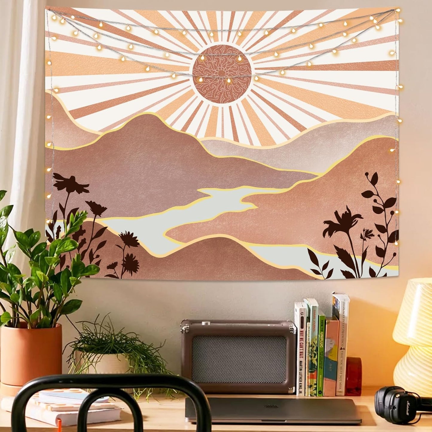 Lunerfex Bohemian Mandala Sunrise Wall Tapestry, Abstract Mountain Scenery Tapestries for Home Decor, Boho Tapestry 48x36 Inch