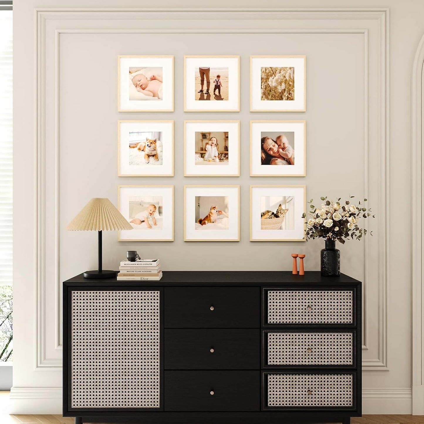12x12 Picture Frame Set of 9, Display Pictures 8x8 with Mat or 12x12 without Mat, Multi Collage Gallery Square Photo Frames for Wall or Tabletop, Black