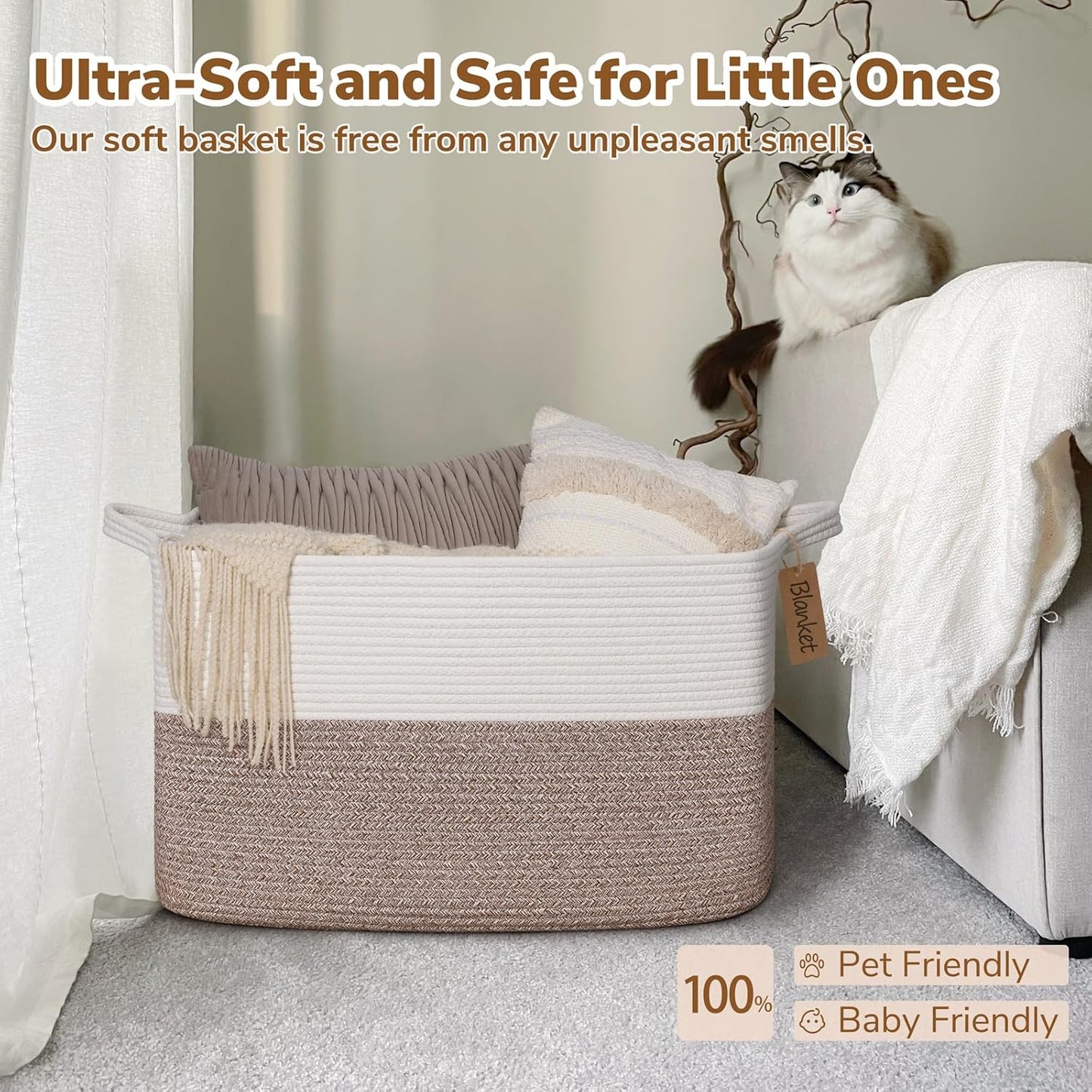 Goodpick Woven Storage Basket, Cotton Rope Basket for Dog Toys, Books, Stylish Gift Basket with Handles, 13 x 10 x 9 Inches Square Baskets for Organizing, Brown and White