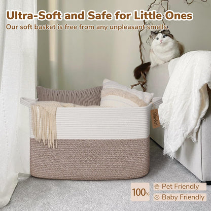 Goodpick Woven Storage Basket, Cotton Rope Basket for Dog Toys, Books, Stylish Gift Basket with Handles, 13 x 10 x 9 Inches Square Baskets for Organizing, Brown and White