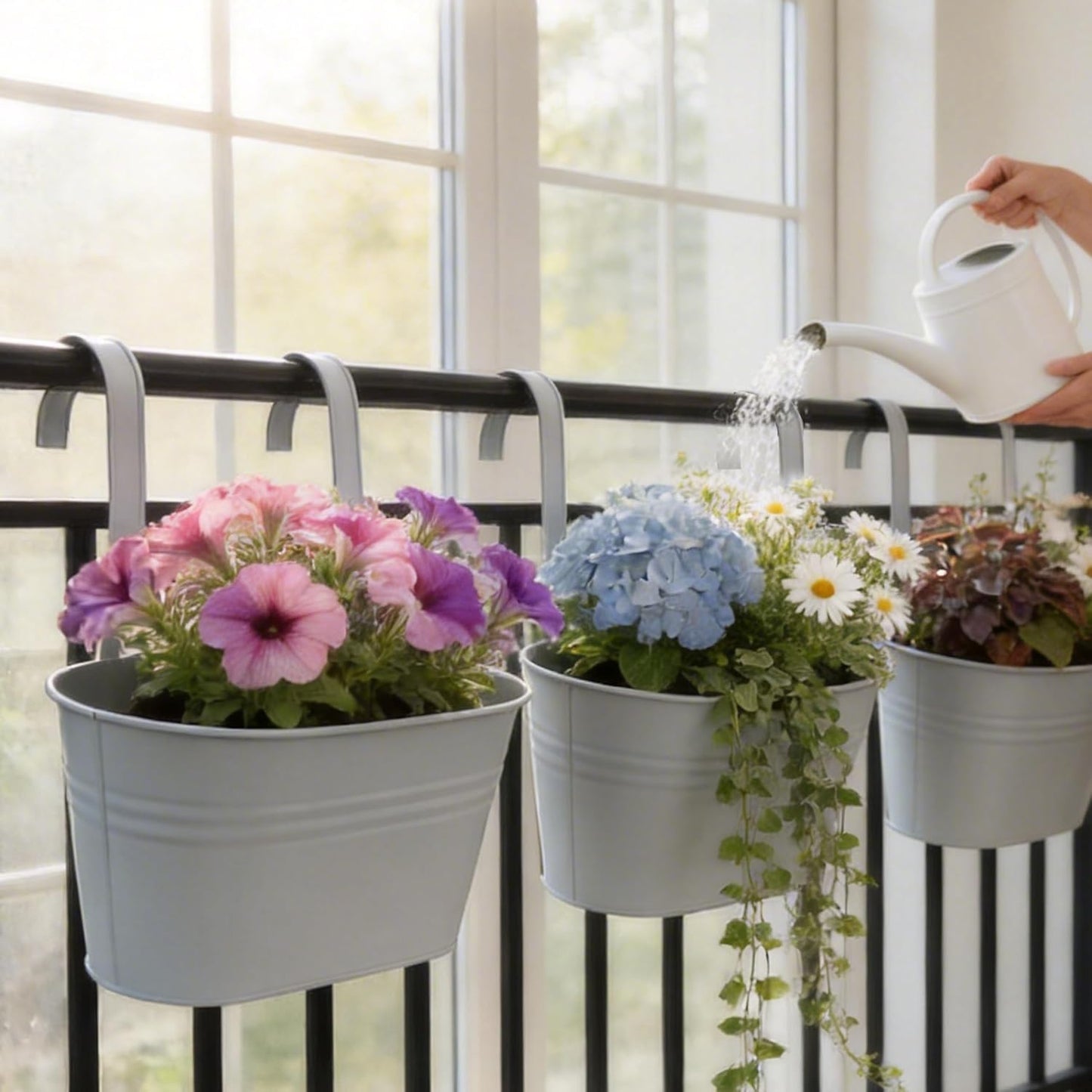 Metal Railing Planter Boxes 16 Inch, 3-Pack Adjustable Hanging Flower Pots for Balcony, Deck, Porch & Fence, Detachable Hook Design, Black Heavy Duty Planters for Outdoor