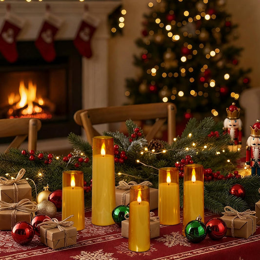Amagic Pure White Flameless Candles, Battery Operated Candles, Acrylic Flickering LED Pillar Candles with Remote Control and Timer, 3D Wick, Yellow and Blue Glow, D2.2 xH5 5" 6" 7" 8", Set of 5