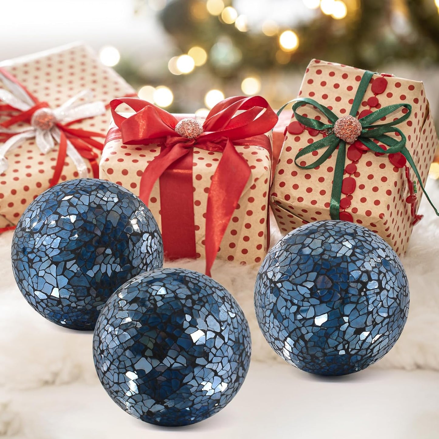 3Pcs Mosaic Glass Orbs Decorative Balls Set 8.5cm/3.35inch Blue Sphere Wedding Party Home Decor Table Centerpiece